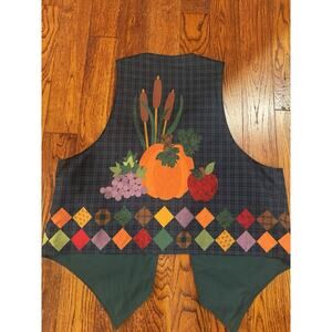 Vintage Thanksgiving Vest Handmade Hand Sewn Patchwork Pumpkin Fall Womens Plaid